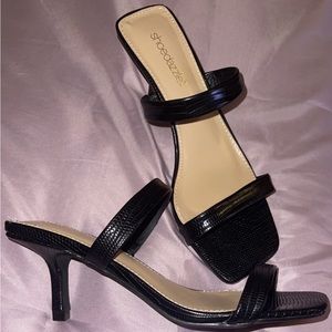 Black two strap heeled sandal. Size 6.5!